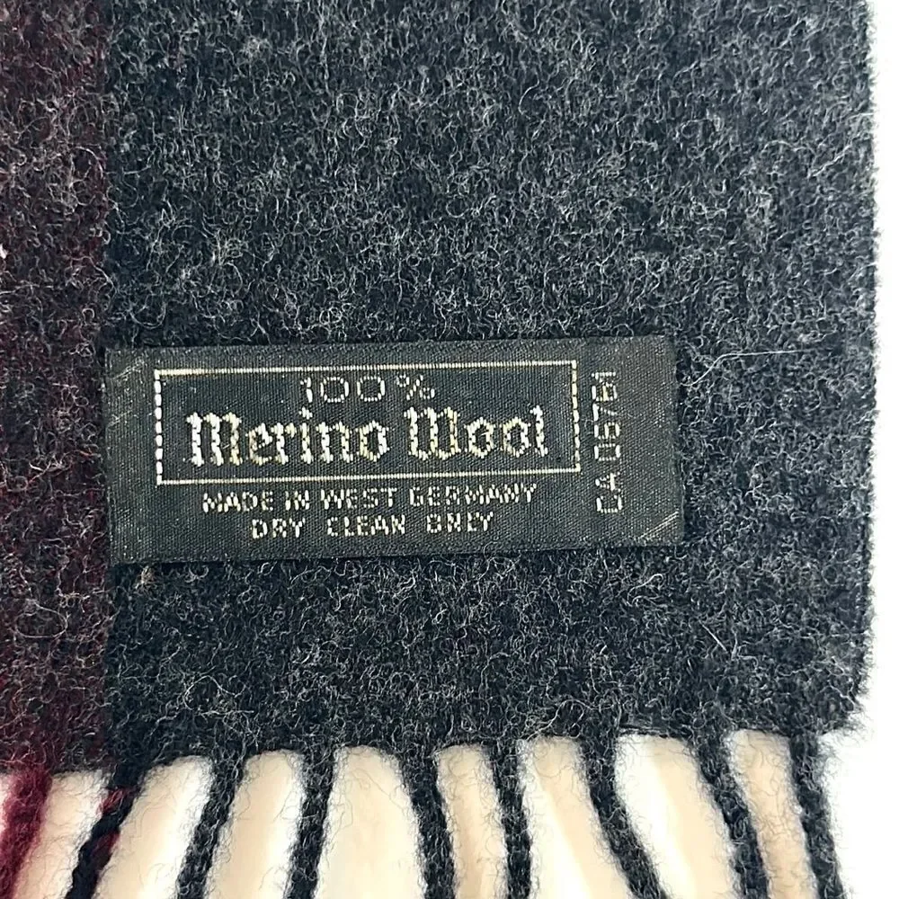 Vintage Merino Wool Gray Burgundy Plaid Scarf made in West Germany